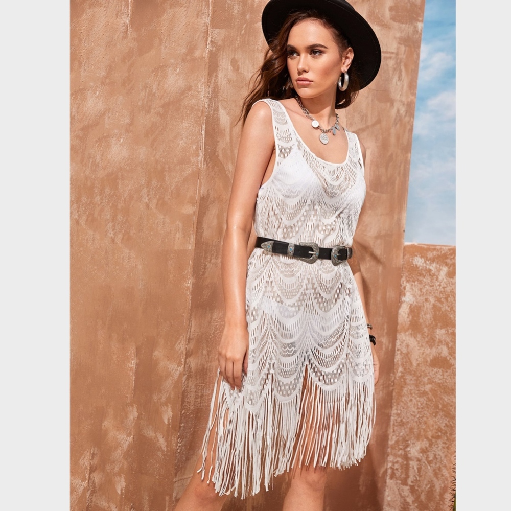 Fringe Detail Crochet White Coverup Dress - Picture 5 of 7
